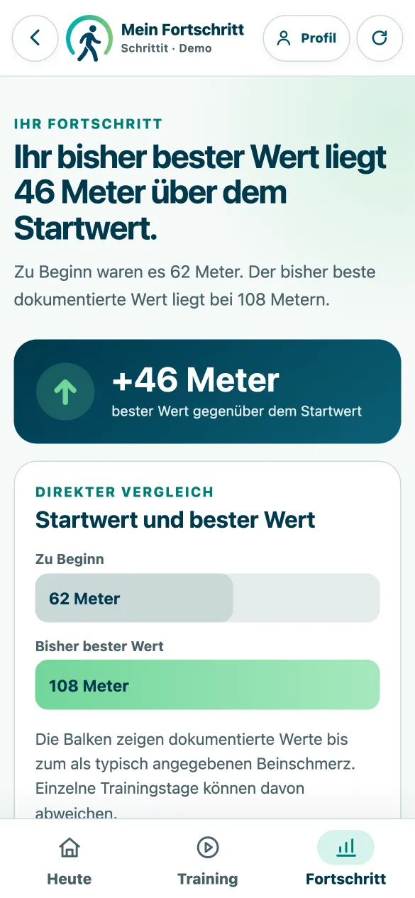 Fortschrittsbereich mit Vorher-heute-Vergleich in Metern und Meilensteinen.