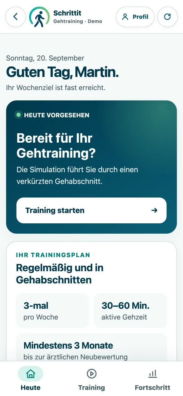 Patienten-Startseite mit Wochenweg und ärztlich festgelegtem Trainingsplan.